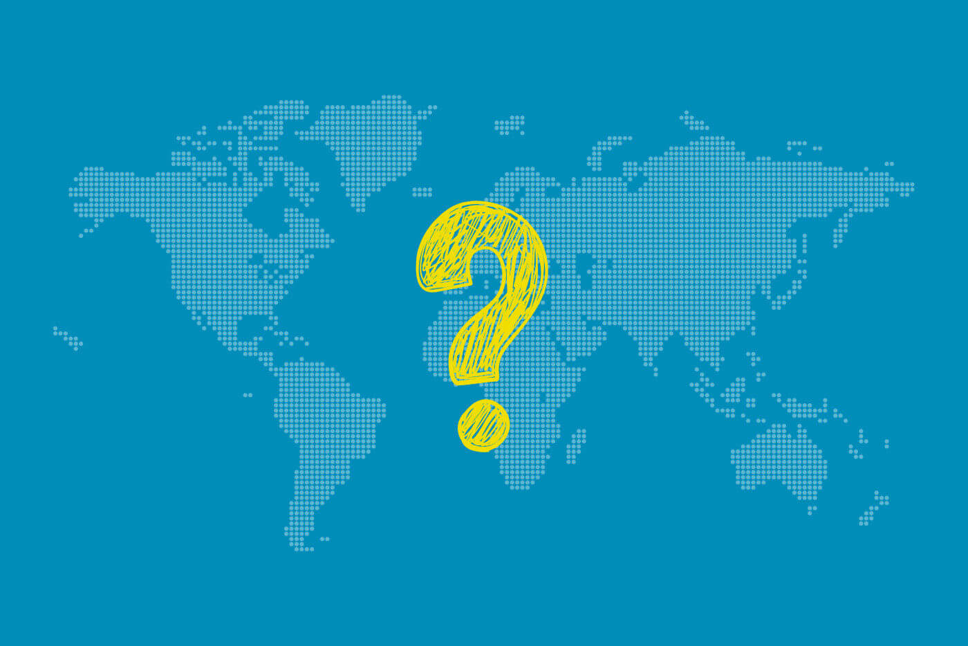 Yellow question mark over a world map representing frequently asked questions about GrowWerk’s international training and coaching.